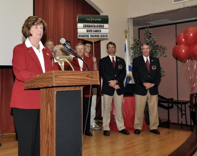 Theresa Hazel, a past chairwoman of The Players Championship Red Coats, talks about the tournament's Giving Back Month during the annual "Red Coat Ride Out."