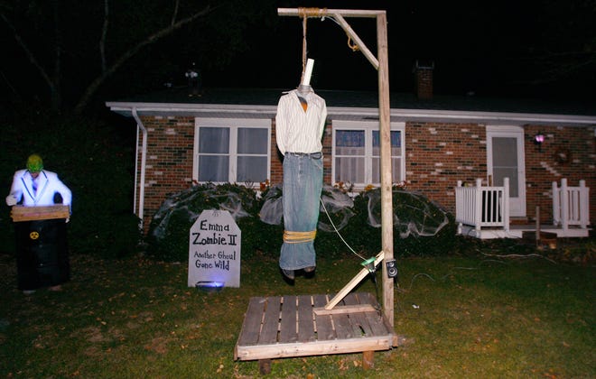 This photograph shows a hanging man display with mask removed in front of the Josh Witkowski residence on Tuesday evening October 19, 2010.