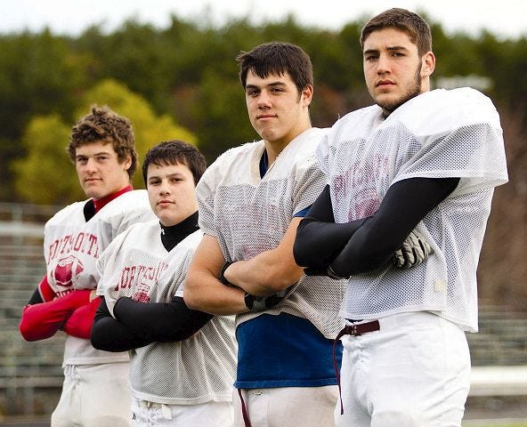 Cody Smith/Portsmouth Herald photo

Portsmouth defensive linemen, from left Mitch McFarland, Mark Stillman, Rick Holt and Riley McCarthy, will try to contain Milford¿s offense during the Division III semifinals tonight in Portsmouth.