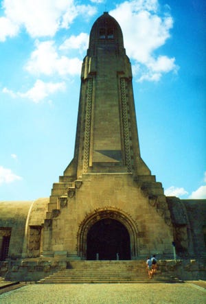 The artillery shell-shaped tower at the ossuary in Douaumont, France, marks the final resting place for about 130,000 French and German soldiers who died in World War I. (Courtesy of Rick Steves)