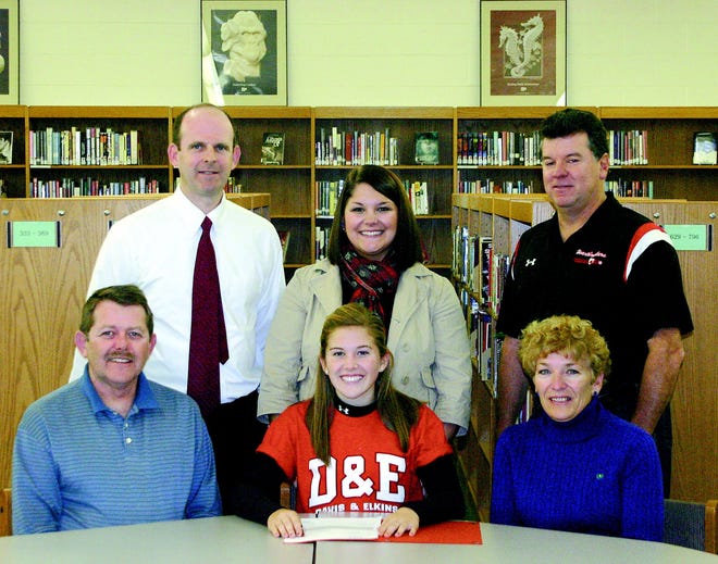 Autumn Appleby (center), a senior at Greencastle-Antrim High School, officially committed to continuing her softball career at Davis & Elkins College in Elkins, WV on Tuesday, Nov. 16. Pictured with her are, from left, father Doug Appleby, G-A head softball coach Jamie Richardson, sister Hillary, Frederick Heartbreakers travel team coach Terry Burdette and mother Candy Appleby.
