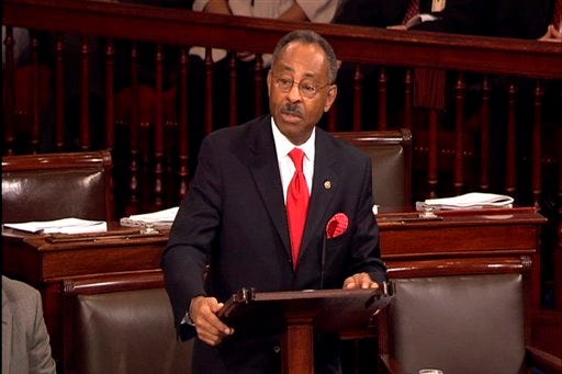 This video frame grab image provided by Senate Television, shows Sen. Roland Burris, D-Ill., delivering his farewell speech on the floor of the Senate on Capitol Hill in Washington, Thursday, Nov. 18, 2010. (AP Photo/Senate Television)