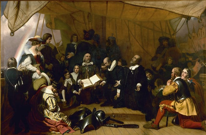 Robert Weir’s 1843 painting, “Embarkation of the Pilgrims” is on display in the U.S Capitol. The portrait depicts passengers on the “Speedwell,” part of the contingent that landed at Plymouth Rock, Mass., in 1620. Some religious beliefs held by Pilgrims and Puritans continue to influence Americans today.
