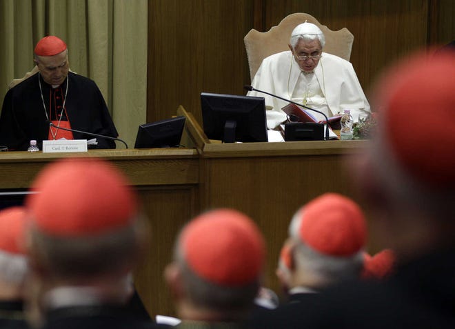 Pope Benedict XVI delivers his message to cardinals he summoned to the Vatican for a day of reflection Friday, the day before a ceremony to create 24 new cardinals.