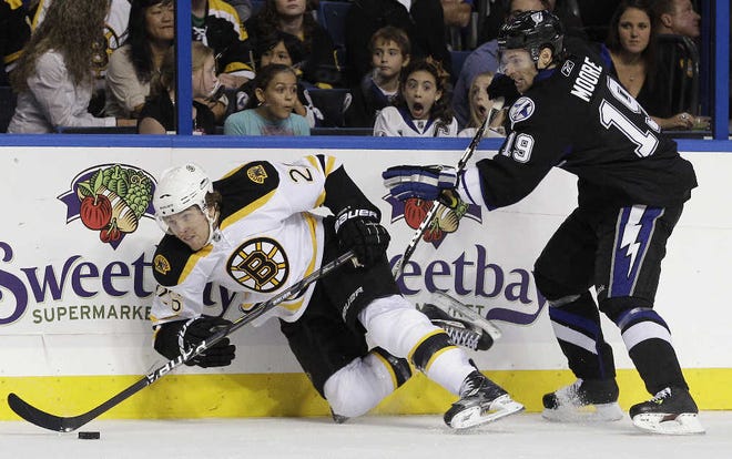 Boston’s Blake Wheeler is tripped by Tampa’s Dominic Moore.