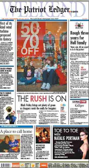 The Patriot Ledger front page for Saturday and Sunday, Nov. 27-28, 2010