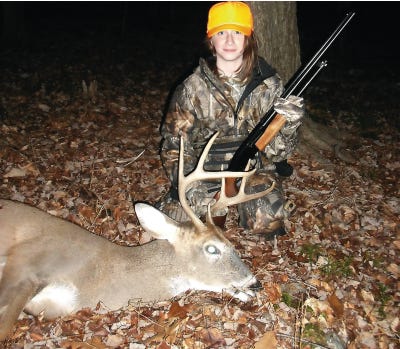 Photo submitted by Lou Rossi 
Ashley Rossi, 11, of Stillwater, poses with the eight-point buck she took on Youth Hunting Day on Nov. 20 with her own shotgun, a 20-gauge Mossberg. The deer was taken on property off Mt. Holly Road in Stillwater on land owned by a relative. Her father, Lou Rossi, said the buck “was the biggest taken off that ridge in the last 20 years.”