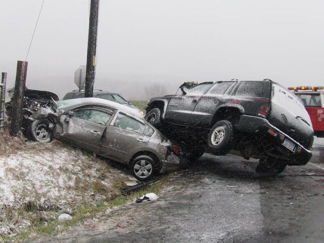 Yates County Deputies and emergency volunteers responded to a two-vehicle crash at the intersection of Voak Road and Hammond Road in Potter Wednesday. It was one of several accidents that occurred as heavy rains turned to snow.