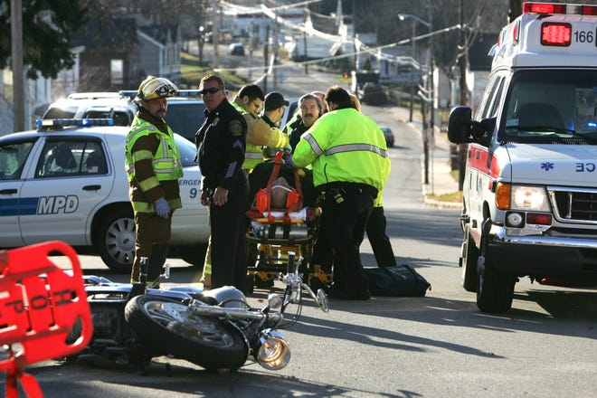 A motorcyclist traveling south bound on South Main St. in Milford on Thursday morning was hit by a mail truck that was crossing Forest St. to Chapin St. The motorcyclist was taken to Milford Regional Medical Center.