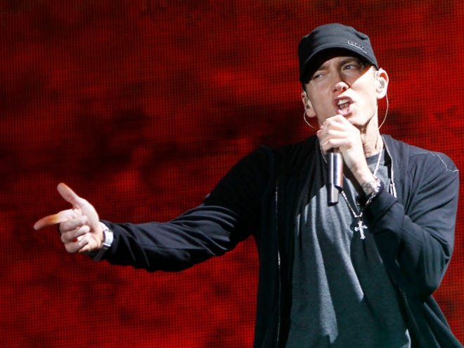 In this Sept. 13, file photo, rapper Eminem performs at Yankee Stadium in New York.
