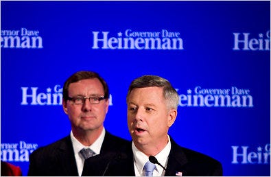 Gov. Dave Heineman of Nebraska spoke after his re-election victory last month, while Lt. Gov. Rick Sheehy listened. Patiently.