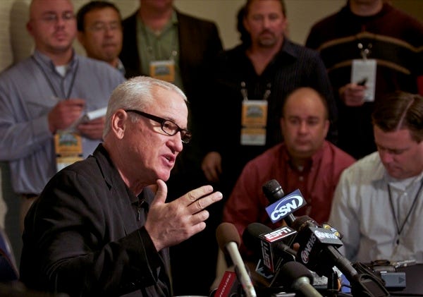 TAMPA BAY MANAGER JOE MADDON speaks to reporters during Major League Baseball's winter meetings in Lake Buena Vista on Tuesday. The Rays are currently looking for help in the bullpen.