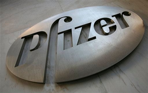 In this Jan. 25, 2009 file photo, the Pfizer logo is dispalyed at world headquarters in New York. Pfizer Inc. said Friday, Dec. 10, 2010, it is pulling its blood pressure drug Thelin off the market and stopping all clinical trials because the drug can cause fatal liver damage.