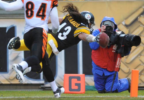 Troy Polamalu dives into the endzone after his second quarter interception.