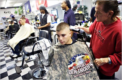 Cpl. Jay Kimmel, 20, getting a trim Sunday in Jacksonville, N.C., voiced concern about gay and straight Marines in close quarters.