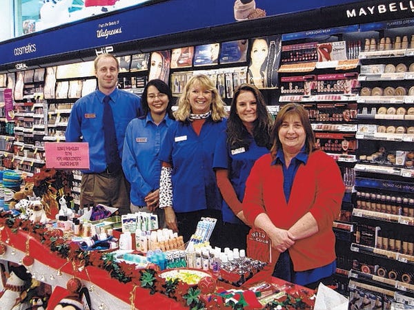 Walgreens in Sunset Beach and its customers collected items for Hope Harbor. Pictured left to right are Mark Tribe, store manager; Emily Thomas, assistant manager; Vicki Becker, senior beauty adviser; Jillian Callison, beauty adviser; and Ginger Groover, beauty adviser. (Contributed photo)
