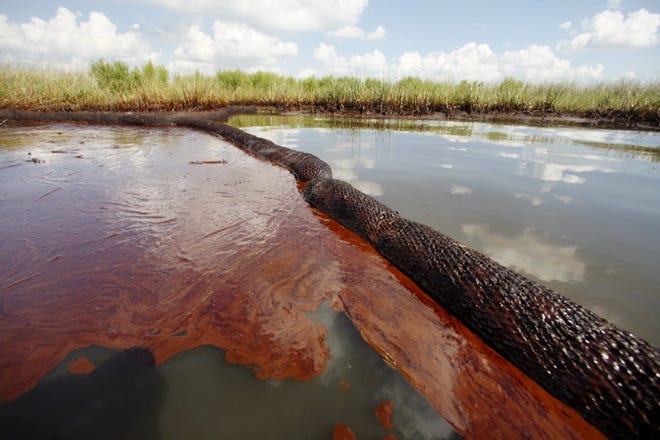 OIL FROM THE DEEPWATER HORIZON SPILL floats on the surface of the water in Bay Jimmy in Plaquemines Parish, La. The gush of oil from the April 20 oil rig explosion spewed millions of gallons of crude into the Gulf.