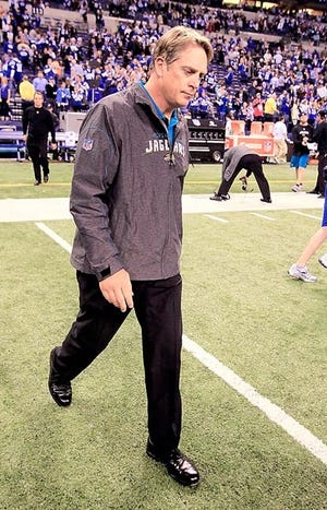 Jacksonville Jaguars coach Jack Del Rio leaves the field after the Indianapolis Colts defeated the Jaguars 34-24 last week in Indianapolis. By MICHAEL CONROY, The Associated Press