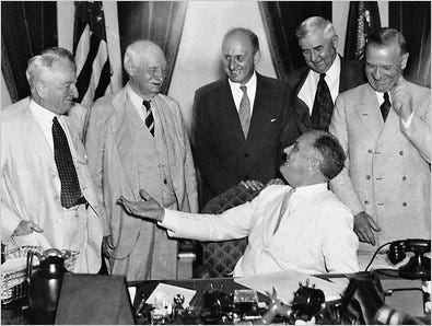 President Franklin D. Roosevelt signed the Glass-Steagall law in the 1930s to separate commercial banking from investment banking. Standing from left are Senator Carter Glass, Senator Duncan Fletcher, Henry Morgenthau Jr. of the Treasury, Jesse Jones and Representative Henry Steagall.