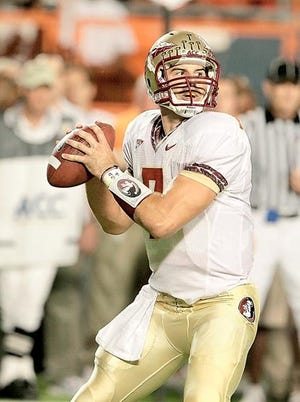 Florida State quarterback Christian Ponder looks to pass during an Oct. 9 game against Miami in Miami. Ponder is back as the team's starting quarterback for the Chick-fil-A Bowl. File/AP Photo