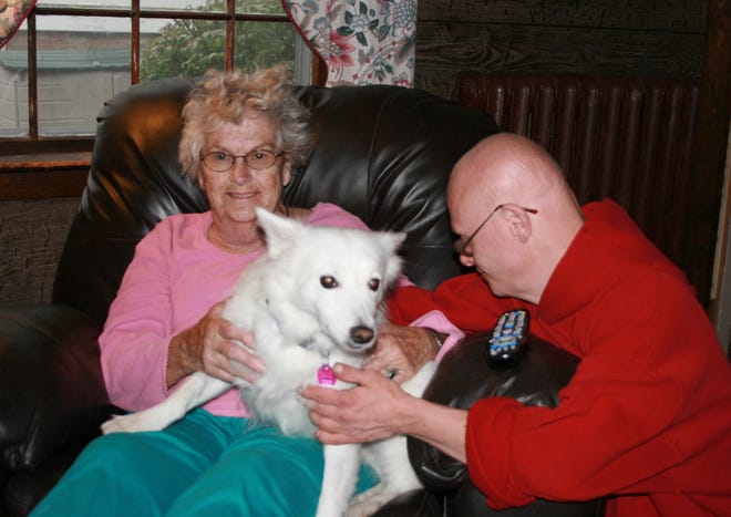 Doris Smith, 84, and son Kevin, 47, with their dog Diamond at their Rockland home. Diamond has been missing since Tuesday, Dec. 28, 2010.