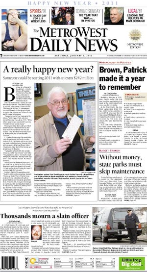 The front page of the 1/1/11 MetroWest Daily News.