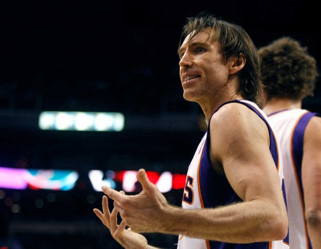 Phoenix Suns guard Steve Nash reacts after getting called for a technical foul during the fourth quarter against the Philadelphia 76ers in an NBA basketball game Wednesday, Dec. 29, 2010, in Phoenix. (AP Photo/Rick Scuteri)