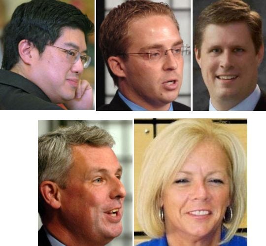 Incoming legislators who will join the Legislature on Wednesday: top, from left: Tackey Chan of Quincy, Mark Cusack of Braintree, and Geoff Diehl of Whitman; bottom row, John Keenan of Quincy and Rhonda Nyman of Hanover