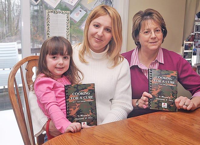 From left, Christopher Stone’s niece Dakota Stone-Corndell, 3; sister Rebecca Stone-Corndell, and mother Debby Stone hold up copies of “Cooking for a Cure,” a compilation of family recipes being sold to benefit the ALS Association.