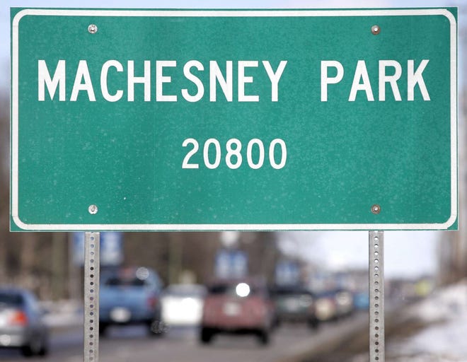 The sign at the entrance to Machesney Park on North Second Street is seen Tuesday, Feb. 16, 2010.