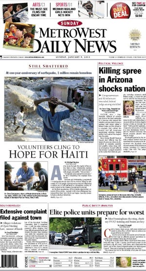The front page of the Milford Daily News for Jan. 9, 2011.