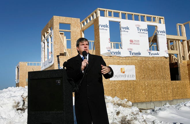 SouthField housing starts to rise from the former South Weymouth Naval Air Station in Weymouth on Jan. 11, 2011. Secretary of Housing and Economic Development Gregory Bialecki talks about the townhouses being developed on the site. In total there will be 478 housing units built over the next two years.