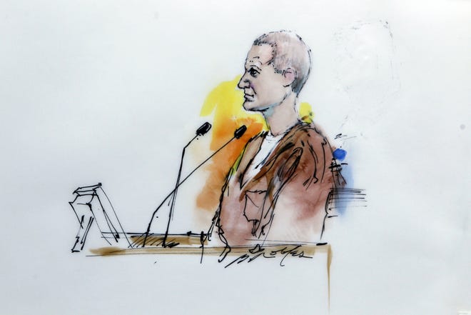 In this artist rendering, Jared Lee Loughner makes his first court appearance at the Sandra Day O'Connor United States Courthouse in Phoenix, Ariz., Monday, Jan. 10.