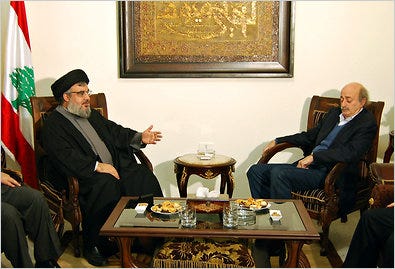Hezbollah leader Hassan Nasrallah, left, met with Druse leader Walid Jumblatt in Beirut, Lebanon.