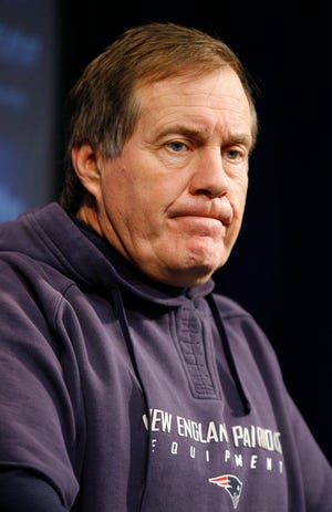 Patriots head coach Bill Belichick speaks to members of the media in Foxboro on Monday as he discusses Sunday's 28-21, season-ending loss to the New York Jets.