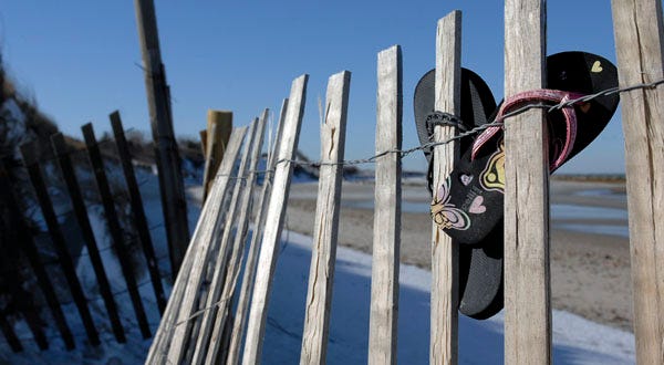 DENNIS -- 01/13/11 -- A pair of flip flops hang on the snow fencing at Howes Street beach awaiting their owner and warmer weather. (011311mc01)