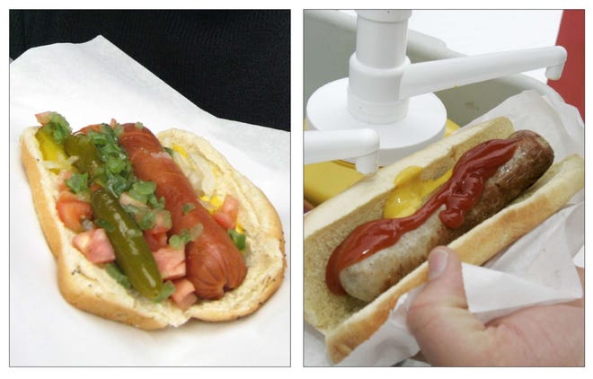 Whether it's the Chicago-style hot dog (left) or the classic bratwurst, food choices are plentiful for the fans of the Chicago Bears and Green Bay Packers.
