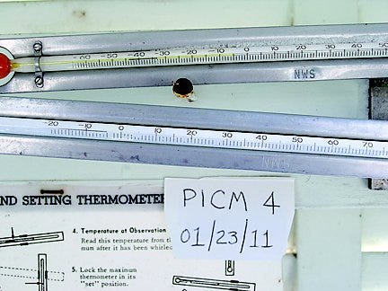 Weather Observer Al Leonard documented the minus-33 degree reading north of Pickford with a photograph Sunday morning of the official National Weather Service thermometer. Despite the extreme cold, there were no official records broken.
