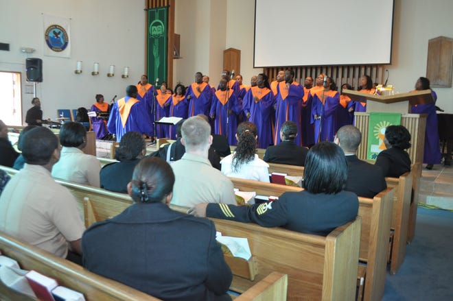 Edward Waters College Concert Choir performs a gospel number for Sailors and civilians attending the annual Dr. Martin Luther King Jr. Celebration at the Naval Station Mayport Chapel on Jan. 20. Guest speaker for the celebration was Capt. Herbert Hadley, commanding officer of USS Philippine Sea.