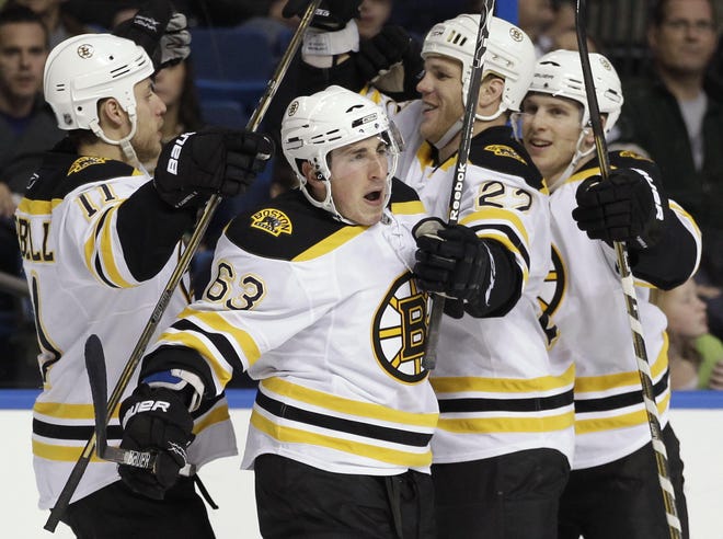 Boston Bruins left wing Brad Marchand (63) celebrates with teammates, including Gregory Campbell (11) and Shawn Thornton (22), after scoring a goal against the Tampa Bay Lightning during the third period of an NHL hockey game Tuesday, Dec. 28, 2010, in Tampa, Fla. Boston won 4-3.