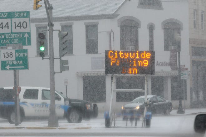 A sign in downtown Taunton alerts passerby to the parking ban.