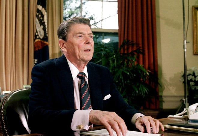 President Ronald Reagan in the Oval Office of the White House on Jan. 28, 1986, after a televised address to the nation about the space shuttle Challenger explosion.
