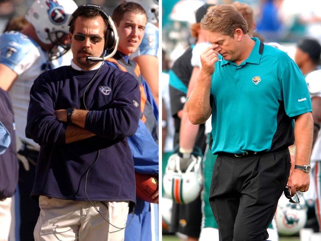 The Titans' Jeff Fisher (left) has yielded to the Jaguars' Jack Del Rio as the most tenured coach in the AFC South.