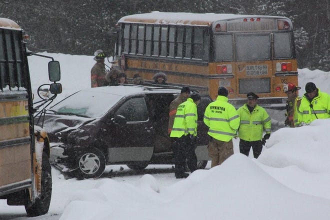 A school bus collided with a minivan on Hidden Brick Road in Hopkinton just after noon today. There were no injuries.