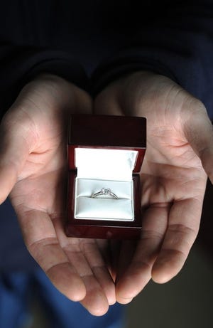 An unidentified Monroe County man (whose name is being withheld because he hasn't popped the question yet) holds a diamond ring he will use to propose to his girlfriend. The ring was purchased online at bluenile.com.   To purchase a reprint of this photo, go to  www.PoconoRecord.com/photostore.