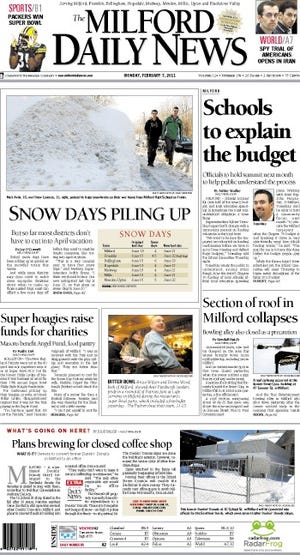 The front page of the 2/7/11 Milford Daily News.