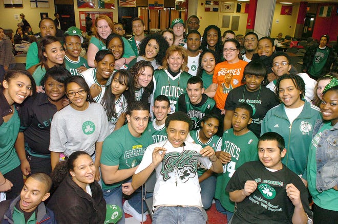 Brockton High School students and faculty wear Boston Celtics gear.