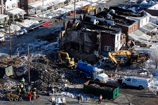 AP Photo/Matt Rourke 
  
 Shown is the aftermath of a fatal explosion in a residential neighborhood in Allentown, Pa., Thursday, Feb. 10, 2011.