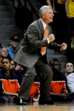 Illinois coach Bruce Weber cheers on his team during the first half of an NCAA college basketball game against Minnesota on Thursday, Feb. 10, 2011, in Minneapolis. Illinois won 71-62. (AP Photo/Jim Mone)