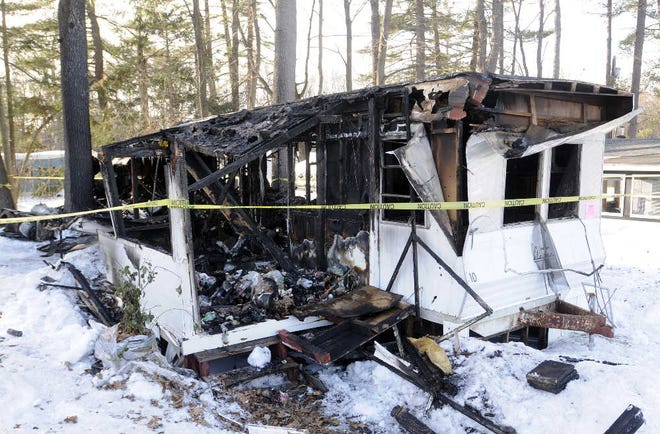 Remains of a mobile home that burned in Lunenburg yesterday.